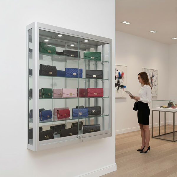 Aluminum wall mounted display case in boutique.