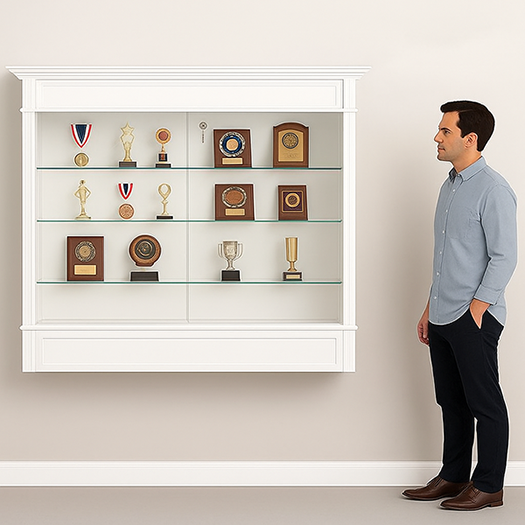 Wall mounted display case with traditional styling.