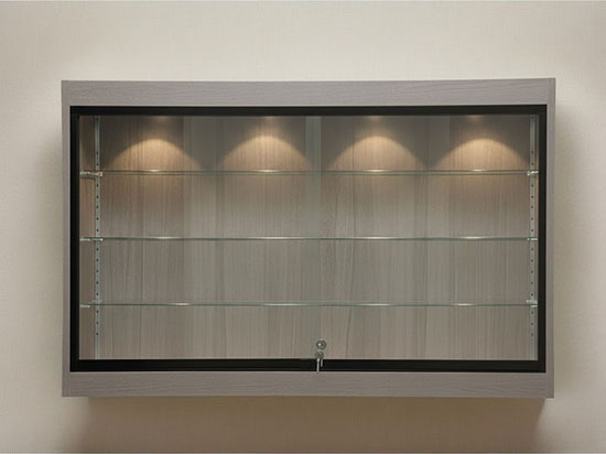 Sleek modern wall mounted display case with LED lights.