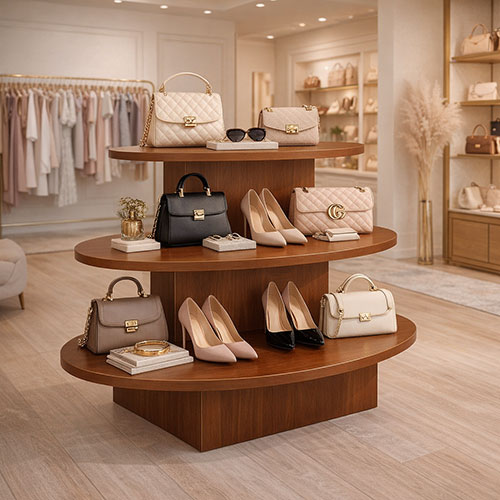 Luxury three-tier wooden boutique display table featuring designer quilted handbags, elegant high heels, and fashion accessories in a high-end retail store.