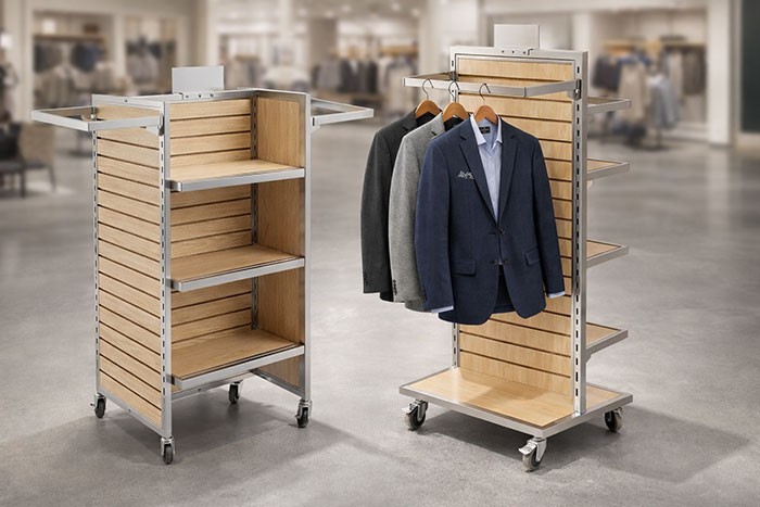 Two mobile maple slatwall gondolas with satin chrome metal frames on wheels, one styled with shelves and the other with hanging apparel.