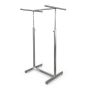 Satin chrome 4-way clothing rack for boutique merchandising display.