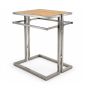 Alta display gondola with satin chrome frame 2 hang rails and a maple wood top shelf on white background