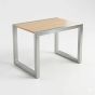 Medium Alta retail display table with a maple laminate top and satin chrome steel square tubing frame.