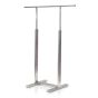 Front view of the Bauhaus single-rail adjustable height clothing rack with a 24x24 sturdy base and sleek satin chrome finish for retail showrooms.