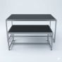 Retail nesting display table set with steel frames and black laminate tops, viewed from the front.