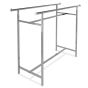 Adjustable double bar clothing rack in polished chrome for retail showrooms. (Teardrop end caps on chrome garment rack for optional hangrail extensions.) The commercial grade H-rack base shows welded box-section steel for heavy retail inventory.