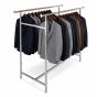 Commercial grade H-rack with dual parallel rails and heavy-duty steel frame - shown with men's sports jackets.(Heavy-duty welded box-section steel base with precision floor levelers for stability)