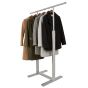 Bauhaus MDR09C single-rail adjustable garment rack in satin chrome featuring heavy winter coats to demonstrate commercial-grade stability