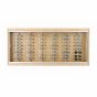 Maple wood grain eyewear display wall unit for merchandising 60 glasses.