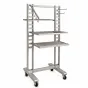 Double ladder display rack in satin nickel with shelves, faceouts, and waterfall garment hooks