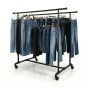 High-capacity double bar pipeline rack displaying multiple pairs of denim jeans to showcase retail floor space maximization.