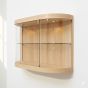Secure and lighted wall display cabinet with a bow-front design, Maple finish