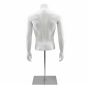 Rear view of a matte white male torso mannequin showing back muscle definition and silver base.