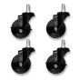 A set of four heavy-duty matte black industrial-style rubber caster wheels with threaded stems. Includes two locking casters.