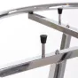 Detail of round retail clothing rack shelf topper supports.