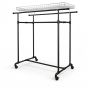 Matte black pipeline H-rack for retail merchandising. Shown with optional chrome wire topper basket and add-on heavy-duty rubber casters.
