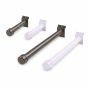 Industrial pipeline slatwall faceout hooks in white and anthracite finishes, short and long lengths