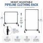 Height adjustable pipeline clothing rack info-graphic showing adjustable hangrail from 44 to 72 inches with locking casters and industrial steel pipe construction