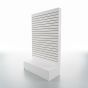 White wood slatwall floor display for retail stores angled view