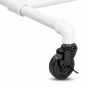 Close-up of black locking caster wheel on white industrial pipeline clothing rack