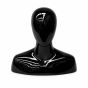 Straight-on front view of a polished black male mannequin head with shoulders, featuring a sleek, modern faceless design.