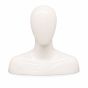 Front view of a glossy white male mannequin head with shoulders, featuring an abstract faceless design for retail display.