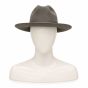 Glossy white male mannequin head with shoulders modeling a classic grey felt fedora hat, front view.