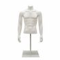 Front view of a headless male torso mannequin with arms and a muscular build on a metal stand.