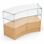 Frameless glass display case with rear access and storage cabinet in maple finish