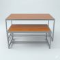 Retail nesting display table set with steel frames and cherry laminate tops, viewed from the front