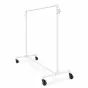 Industrial-style white rolling clothing rack for boutiques showing the secure H-frame base and locking wheels. Shown with the rail lowered.