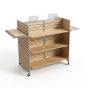 Maple wood slatwall H-unit retail display with metal frame on wheels. Adaptable using accessories for a range of merchandise. 