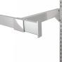 Close-up of rectangular metal hangrail featuring a end cap. Shown in use with bracket and wall standard.