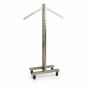 Single ladder display rack in satin nickel finish with angled hangrails available separately) and heavy-duty locking casters, freestanding retail merchandising system.