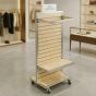Slatwall 2-Way Display with locking casters for easy maneuvering in the retail environment.