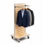 Slatwall 2-Way Display with hanging apparel merchandise.