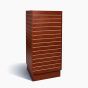 4-way cherry wood grain slatwall tower display featuring slat grooves and a fixed base for 360-degree merchandising.