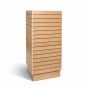 Maple laminate slatwall cube tower with 15 horizontal grooves and a sturdy square base for retail product displays.