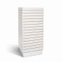 Clean white slatwall retail floor display tower with 4 panels, ideal for showcasing clothing and accessories in a store-within-a-store layout.