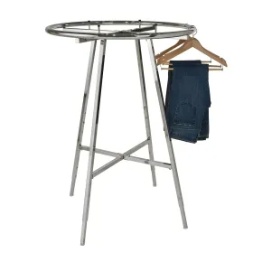Round clothing rack displaying hanging apparel items.