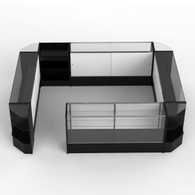 Modular retail cash wrap station in black laminate with 6ft glass display showcases and corner units - Black - Rear View