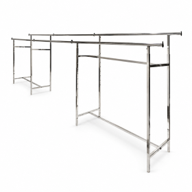 A 60-inch chrome connecting rail assembly is shown, specifically designed for a double bar H-rack, allowing for the stable joining of two garment racks.