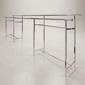 A 60-inch chrome connecting rail assembly is shown, specifically designed for a double bar H-rack, allowing for the stable joining of two garment racks.