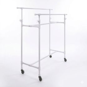 Modern white pipeline clothing rack featuring independent height adjustment from 53 to 80 inches.