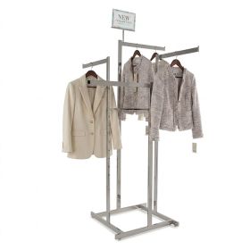 4-way clothing rack shown merchandised with coordinated outfits.