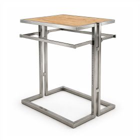 Alta display gondola with satin chrome frame 2 hang rails and a maple wood top shelf on white background