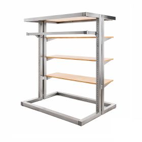 Alta Clothing Display Gondola with Adjustable Height Shelves and Hangrail.