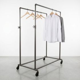 Industrial garment rack featuring parallel hang rails and vintage pipe design