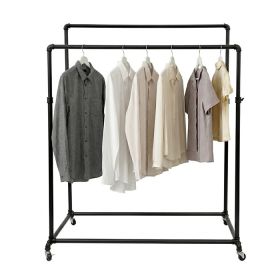 Black industrial double bar pipeline clothes rack displaying various men's and women's shirts on hangers - shown with optional casters.